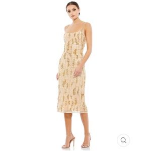 MAC DUGGAL BEADED SPAGHETTI STRAP MIDI SLIP DRESS